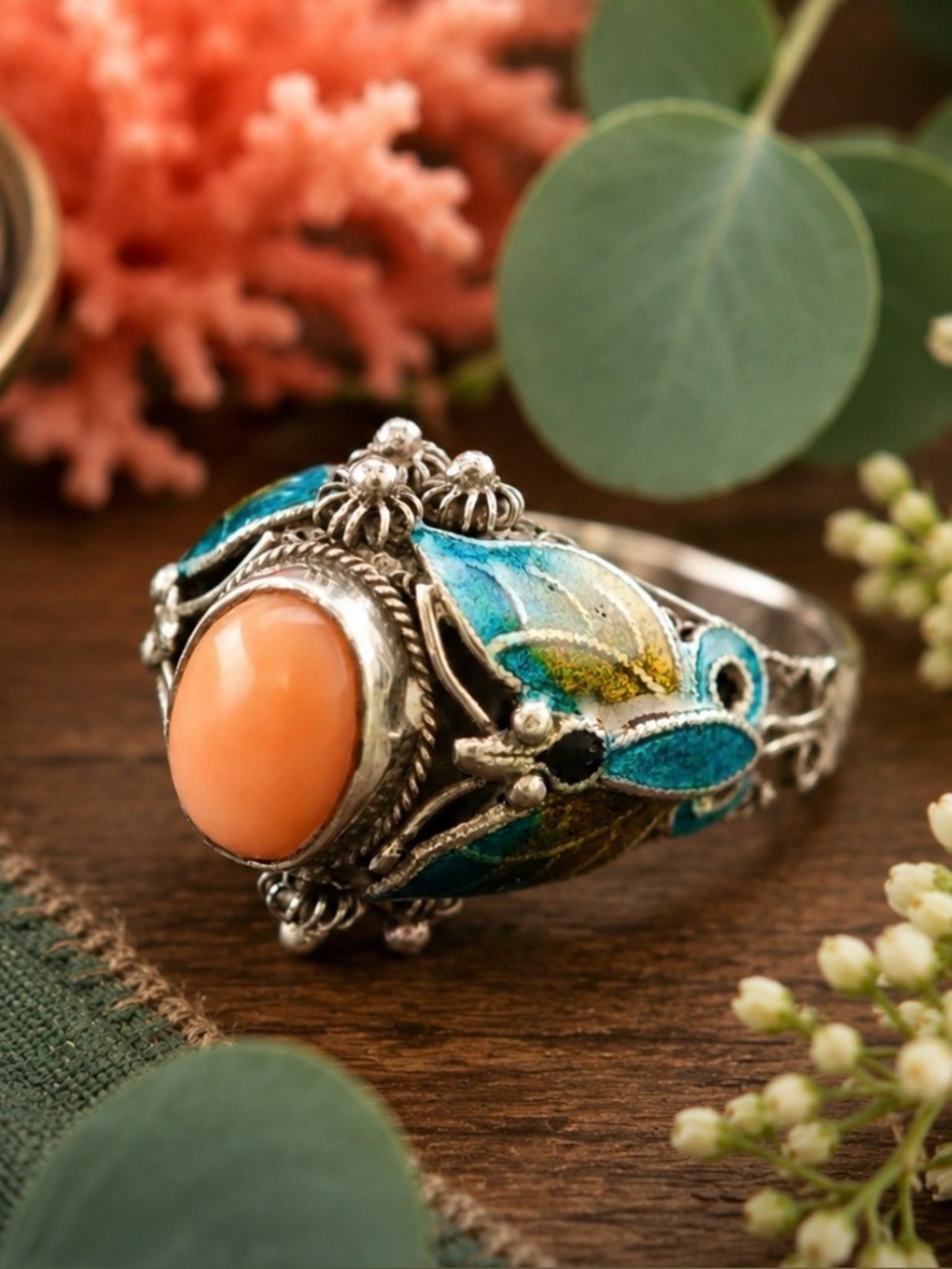 VINTAGE Coral and Cloisonné Enamel Butterfly Sterling Silver Ring, Size 7.5